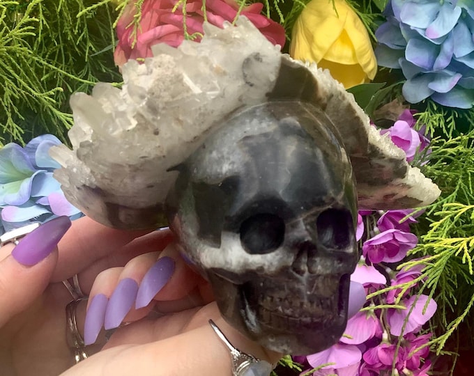 Clear Quartz Crystal Skull ~ Large 2 Lb. 4 oz. ~ 7" Long ~ Hand Carved Skull in the Natural Matrix with Sparkling Quartz Crystal points