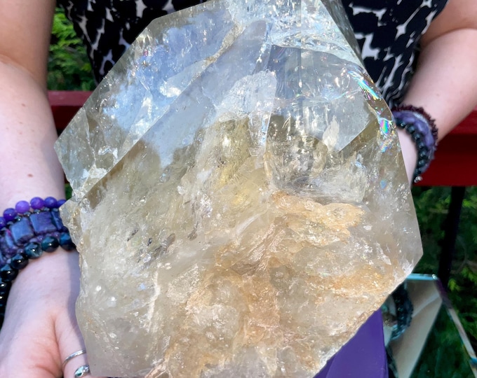 Clear Citrine Quartz Crystal Point ~ 19 Lb.  11 oz. ~ 8" Tall~ Sparkling Yellow with Golden Rainbow Inclusions ~ Custom Hand Carved Stand