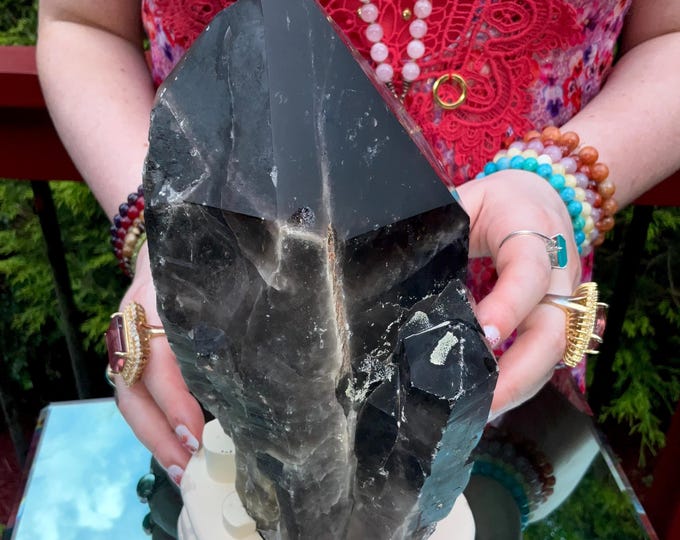 Black Morion Quartz Display Crystal 6 Lb. 9 oz.  Single-Terminated Point Cluster ~ 8" Tall ~Natural Black Color ~ Custom Hand Carved Stand