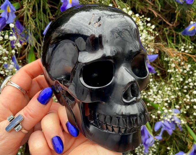 Black Obsidian Crystal Skull ~ Large 2 Lb. 6 oz. ~ 5" Long ~ High Quality ~ Expertly Hand Carved ~ Sparkling Jet-black Sculpture