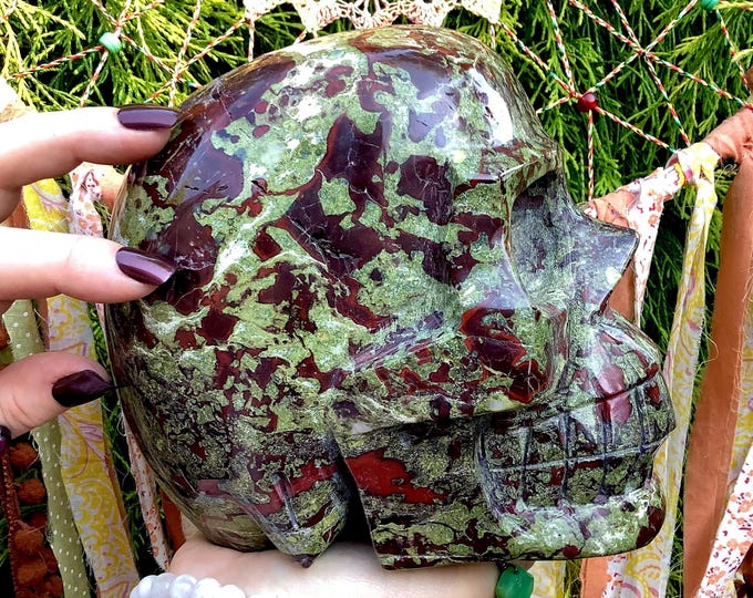Dragon Bloodstone Crystal Skull ~ Large 11 Lb. 12 oz. ~ 6" Tall ~ Fiery Red and Green Polished Stone ~ Highest Quality Metaphysical Decor ~