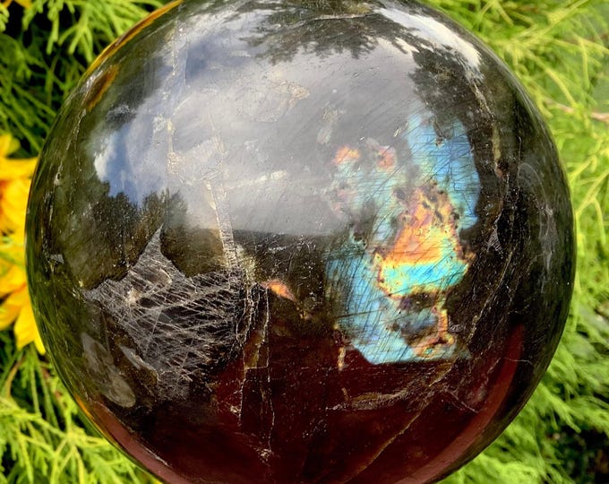 Labradorite Crystal Ball ~ Large 7 Lb. 14 oz. ~ 5" Wide ~ Flashing Blue & Gold Iridescent Mineral Sphere ~ Natural Home Decor