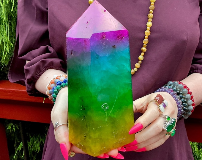 Rainbow Aura Fluorite Crystal Generator ~ 6 lb. 2 oz.~ 7 1/2" Tall Tower ~ Colorful Pink Blue Green Yellow Color ~ Fast Free Shipping U.S.A.