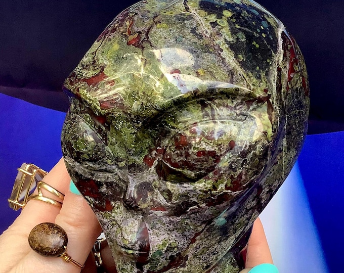 Jasper Dragon Blood Alien Skull Crystal Large 3 Lb. 7 oz. ~ 4" Long ~ Blended with Red and Green Swirling Colors ~ Hand Carved Sculpture ~