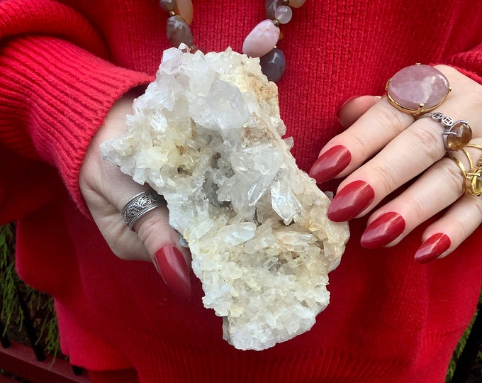 Clear Crystal Quartz Cluster ~ Large 11 oz. ~ 5" Long ~ Sparkling Golden Healer Points ~ Reiki Meditation Display