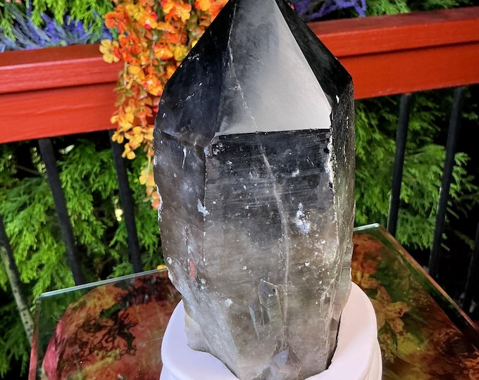 Black Morion Quartz Display Crystal 7 Lb. 2 oz.  Single-Terminated Point Cluster ~ 9" Tall ~Natural Black Color ~ Custom Hand Carved Stand