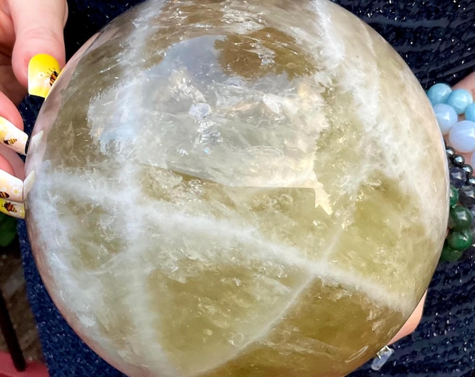 Smokey Citrine Crystal Ball ~ 10 Lb. 6 oz. ~ 6" Wide ~ Natural Golden Yellow Hues ~ White Quartz Bands ~ Stunning Metaphysical Home Decor