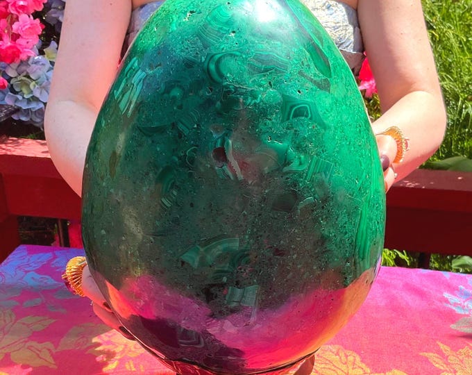 Malachite Crystal Egg ~ Large 33 lb. ~ 10" Tall ~ Hand Carved Oval w/ Display Stand, Swirling Green Bull's Eye Patterns ~ Fast Shipping, USA