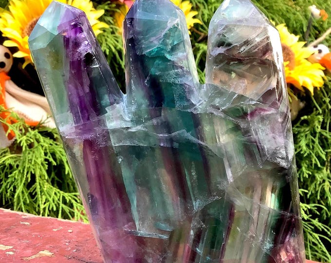 Rainbow Fluorite Crystal Triple Point Flame Generator ~ Large 1 lb. 8 oz. ~ 5" Tall ~ Swirling Purple, Green & Blue Colors ~ Crystal Display