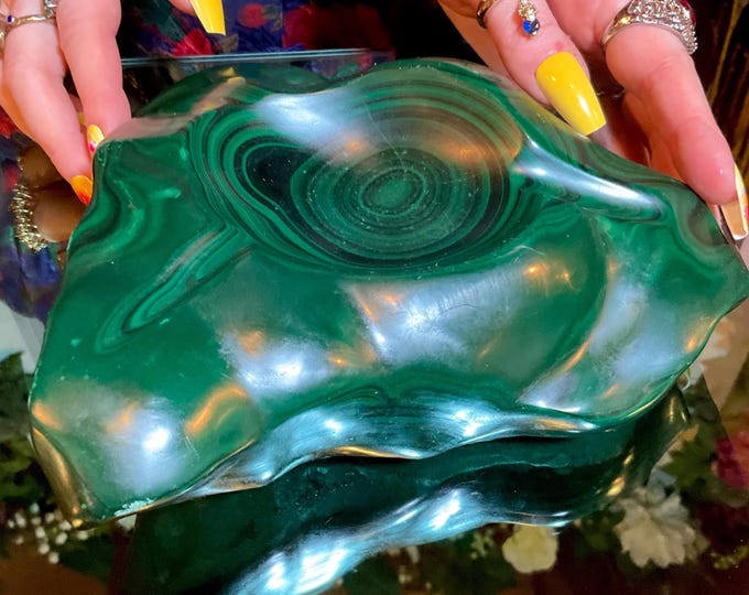 Malachite Crystal Bowl ~ 7 Lb. 9 oz. - 8" Long ~ Vintage Green Mineral Specimen ~ Swirling Bulls Eye Patterns, from Congo, Africa