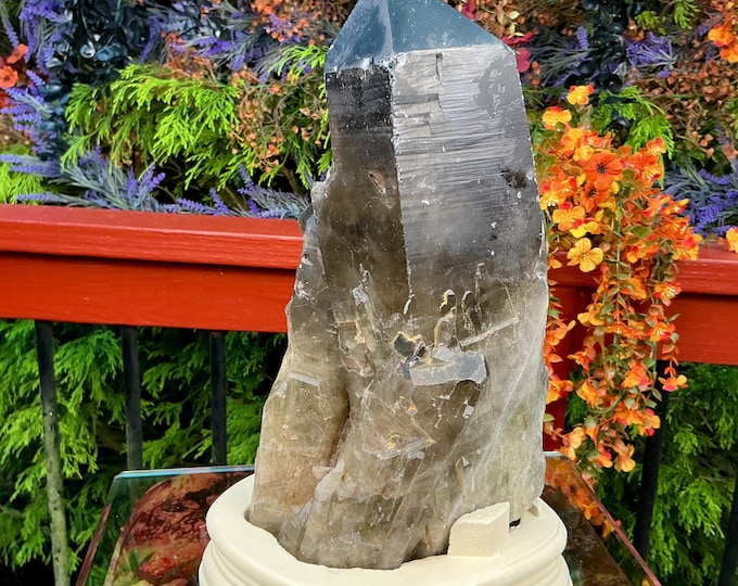 Black Morion Citrine Quartz Display Crystal ~ 9 Lb. 2 oz.  Single-Terminated Point Cluster ~ 10" Tall ~ Custom Hand Carved Stand