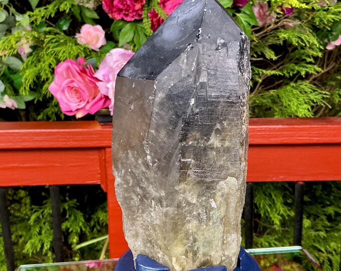 Black Morion Quartz Display Crystal 6 Lb. 8 oz.   Single-Terminated Point Cluster ~ 9" Tall ~Natural Black Color ~ Custom Hand Carved Stand