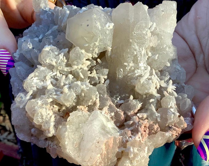 Frosted Quartz Crystal Cluster ~ 15 oz. ~ 4" Long ~ Stunning Long Points ~ Ancient White Barite Matrix ~ Natural Home Deco