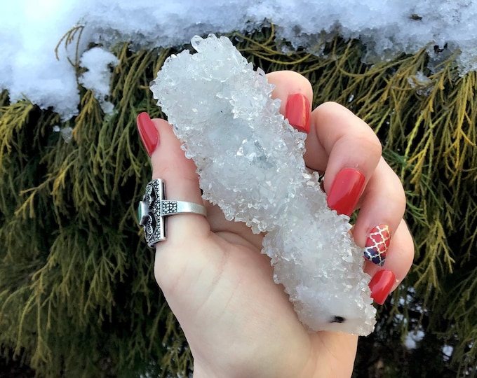 Clear Apophyllite Crystal Cluster ~ 5 oz. ~ 5" Long ~ Ultra Sparkly, High Luster ~ Handheld Meditation Size ~ Fast & Free Shipping, U.S.A. ~