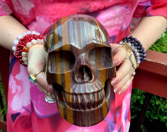 Tigers Eye Crystal Skull ~ Large 8 Lb. 7 oz. ~ 7" Long One-of-a-Kind Carving ~ Swirling Golden Red Brown & Black Colors ~ High Quality