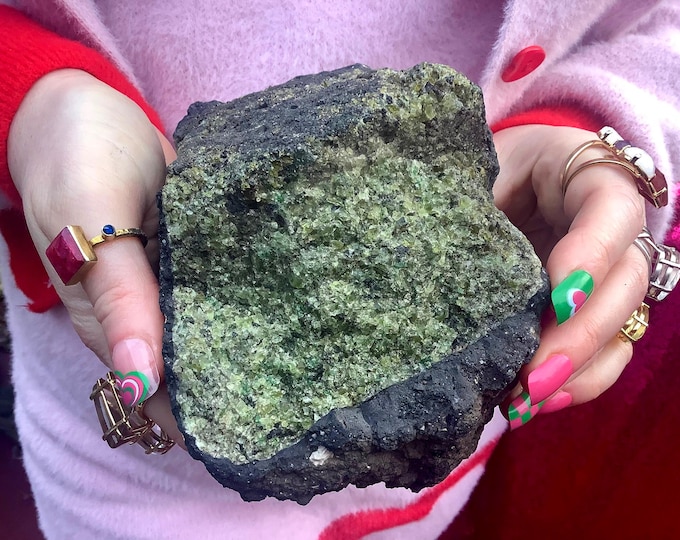Peridot Crystal Cluster ~ Large 5 lb. ~ 5" Long ~ Heart Chakra Decor ~ Reiki Healing, Altar Display, Olivine/Peridot in Natural Stone Matrix