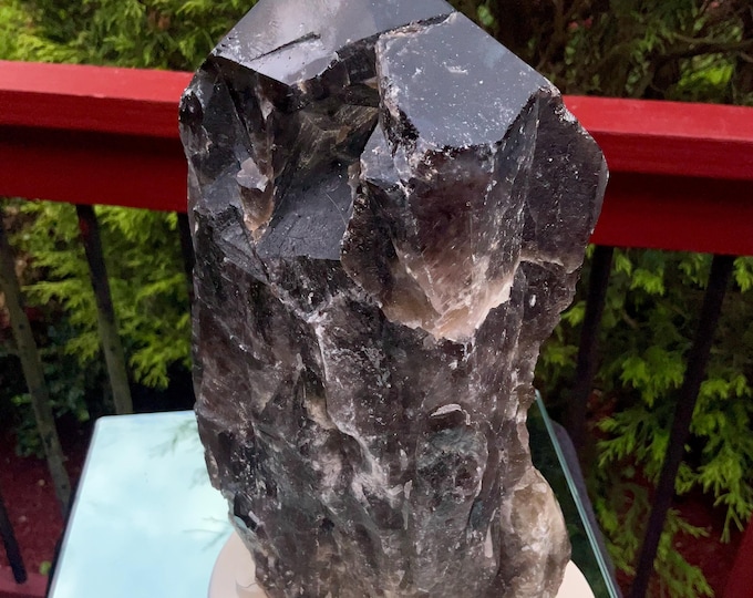 Black Morion Quartz Display Crystal 8 Lb. 13 oz.  Single-Terminated Point Cluster ~ 10" Tall ~Natural Black Color ~ Custom Hand Carved Stand