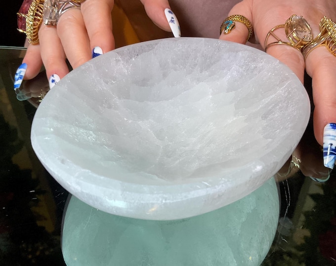 Selenite Crystal Jewelry Dish ~ Large 1 Lb. 2 oz. - 5" Round ~ Beautiful Polished Transparent White Mineral ~ Swirling Pearlescent Patterns