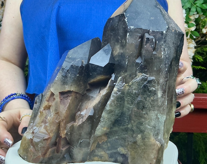 Black Morion Quartz Display Crystal 15 Lb. 3 oz.  Double-Terminated Point Cluster ~ 9" Tall ~Natural Black Color ~ Custom Hand Carved Stand