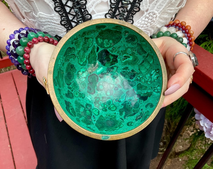 Vintage Malachite Jewelry Dish: Hand Carved Green Stone, Brass Trim