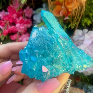 Aqua Blue Aura Quartz Crystal Cluster ~ Large 6 oz. ~ 3&quot; Long ~ Electric Colors, Iridescent Sparkling Points ~ Fast, Free Shipping, U.S.A. ~