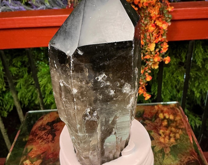 Black Morion Quartz Display Crystal 8 Lb. Single-Terminated Point Cluster ~ 8" Tall ~Natural Black Color ~ Custom Hand Carved Stand