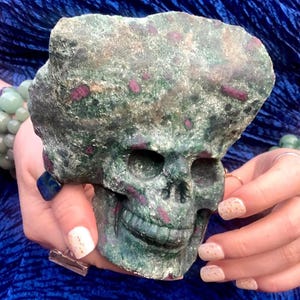 Ruby Zoisite Crystal Skull ~ 1 Lb. 9 oz. ~ 5&quot; Tall ~ Sparkling Green & Red Colors ~ Expertly Hand-Carved Display Sculpture on Natural Matrix