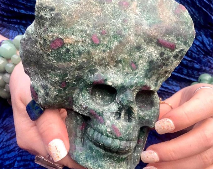 Ruby Zoisite Crystal Skull ~ 1 Lb. 9 oz. ~ 5" Tall ~ Sparkling Green & Red Colors ~ Expertly Hand-Carved Display Sculpture on Natural Matrix