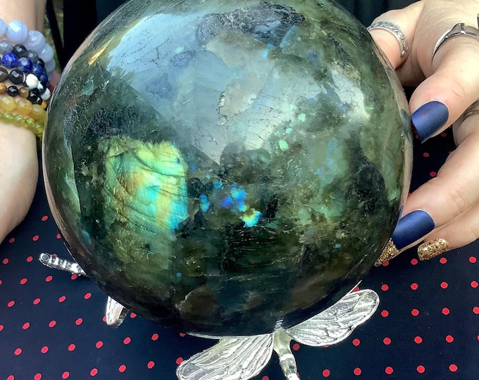 Labradorite Crystal Ball ~ Large 6 Lb. ~ 5" Wide Sphere w/ Silver Metal Stand ~ Flashing Blue & Gold Colors ~ Fast and Free Shipping, U.S.A.