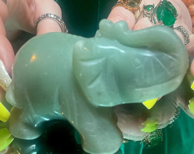 Green Aventurine Crystal Elephant ~ 6 oz. ~ 3" Long ~ Vintage Hand Carved Spirit Animal Totem