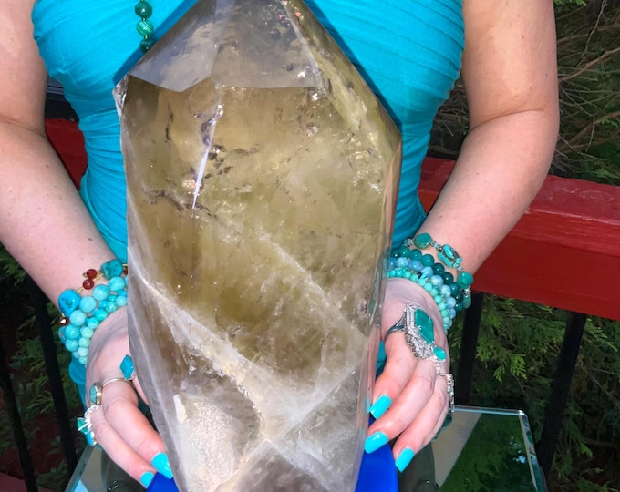 Clear Citrine Quartz Crystal Point ~ 12 Lb.  5 oz. ~ 12" Tall~ Sparkling Yellow with Golden Rainbow Inclusions ~ Custom Hand Carved Stand