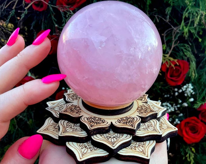 Rose Quartz Crystal Ball w/ Birchwood Lotus Display Stand ~ Large 1 Lb. 4 oz. ~ 3" Wide ~ Heart Chakra, Love, Beauty Altar Decor, Reiki ~