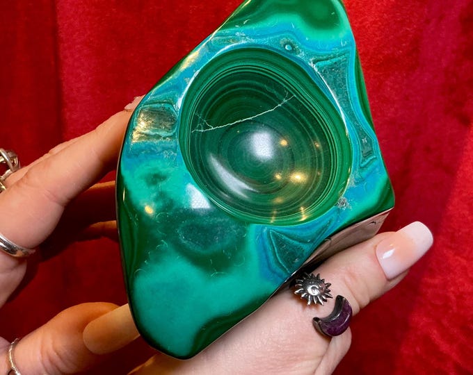 Malachite Chrysocolla Bowl Vintage Hand Carved 2 Lb. ~ 4 1/2" Long Bulls Eye Patterns