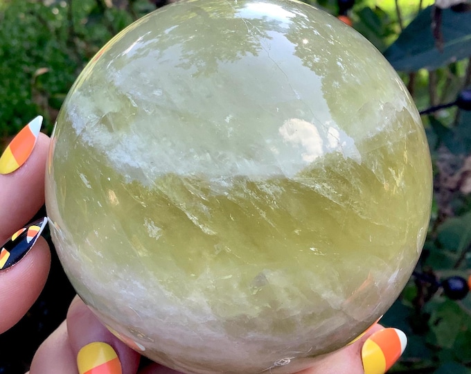 Citrine Crystal Ball ~ Large 2 Lb. ~ 3 1/2" Wide ~ Natural Golden Yellow Color ~ Banded White Quartz Lines ~ Sparkling Silver Inclusions ~