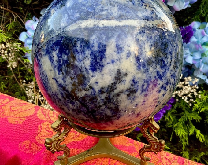 Sodalite Crystal Ball ~ w/ Brass Display Stand ~ Large 8 Lb. ~ 5" Wide ~ Rich Royal Blue Color~ Fast & Free Shipping, USA + Global Shipping