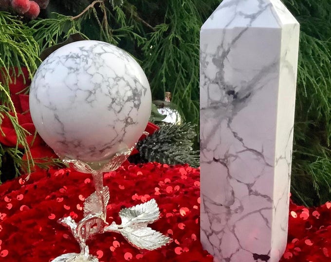 CLEARANCE! ~ White Howlite Crystal Ball with Silver Leaf Display Stand & Generator Gift Set ~ Metaphysical Home Decor ~ Fast, Free Shipping