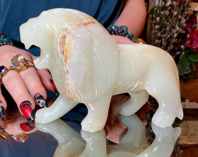 Vintage White Calcite African Lion ~ Big 1 Lb. 14 oz.~ 5 1/2" Long ~ Hand Carved Museum Quality ~ Swirling White & Gold Colors Animal Totem