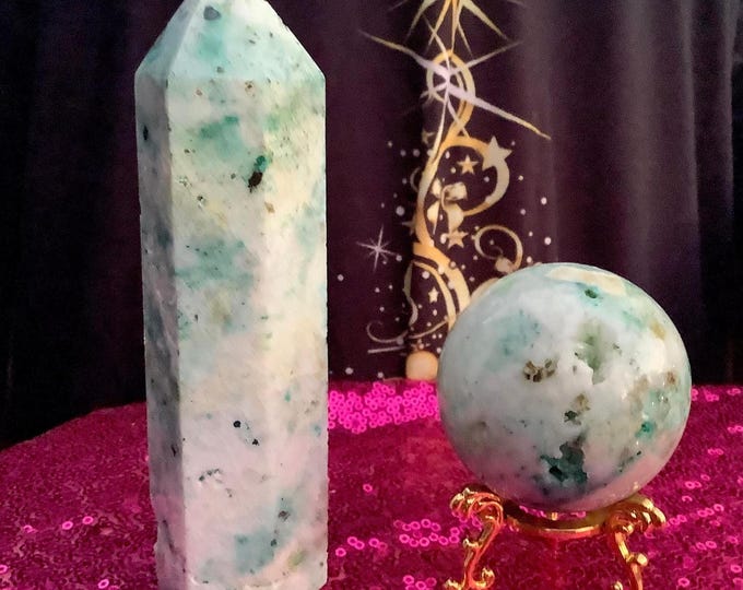 CLEARANCE! ~ Chrysocolla Crystal Tower & Ball with Stand ~ Crystal Gift Set ~ Generator and Sphere Display ~ Free Gift-Wrapping ~