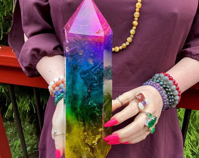 Rainbow Aura Fluorite Crystal Generator ~ 6 lb. 8 oz.~ 10" Tall Tower ~ Colorful Pink Blue Green Yellow Color ~ Fast & Free Shipping U.S.A.