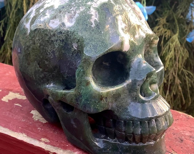 Moss Agate Crystal Skull ~ 2 Lb. 11 oz. ~ 5" Long ~ Swirling Green & White Colors ~ Expertly Hand-Crafted Display Sculpture