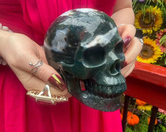 Moss Agate Crystal Skull ~ 2 Lb. 13 oz. ~ 5" Long ~ Swirling Green and White Colors ~ Expertly Hand-Crafted ~ Fast & Free Shipping, U.S.A. ~