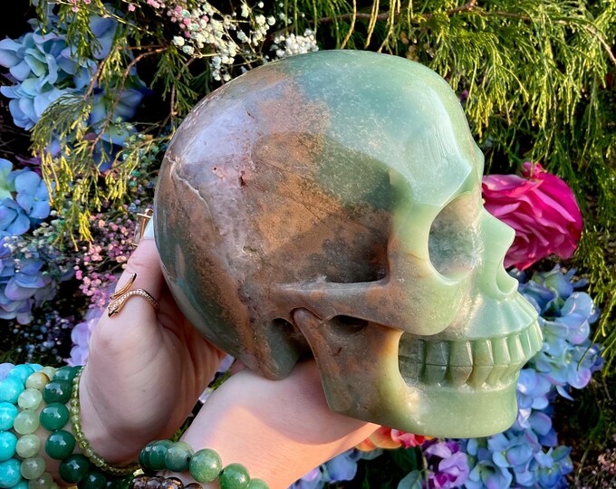 Green Aventurine Crystal Skull ~ Large 7 Lb. 7 oz. ~ 7" Long ~ Hand Carved ~ Sparkling Green & Gold Quartz Colors ~ Free Standing Sculpture