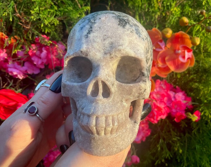 Lepidolite Crystal Skull ~ Large 2 Lb. 15 oz. ~ 5" Long ~ Expertly Hand Carved ~ Purple, White & Sparkling Silver Mica ~ Fast Shipping U.S.A
