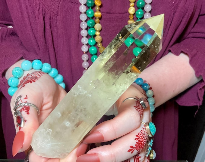 High Altitude Himalayan Citrine Quartz Crystal Wand ~ Large 9 1/2 oz. ~ 5 1/2" Long ~ Clear Natural Colors, Sparkling Rainbow Inclusions