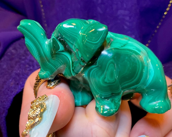 Vintage African Malachite Elephant 5 oz. ~ 2 1/2" Long Hand Crafted from the Congo ~ Swirling Green & Black Patterns ~ Animal Totem