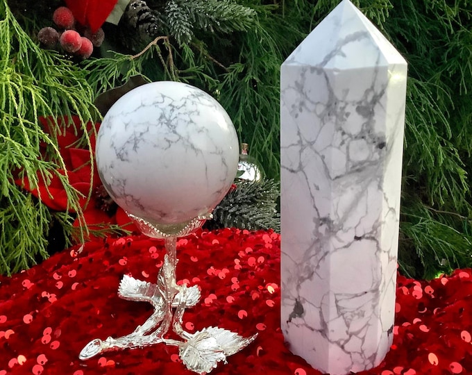 White Howlite Crystal Ball with Silver Leaf Display Stand & Generator Gift Set ~ Metaphysical Home Decor ~ Reiki, Altar Display, Feng Shui ~