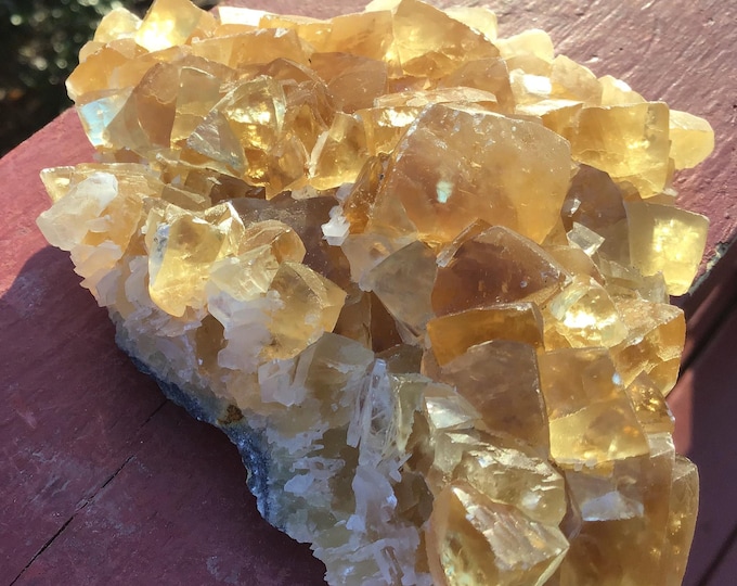 Yellow Calcite Cluster with Quartz Crystals ~ Large 8.3 oz. ~ 4" Long ~ Translucent Specimen-Quality ~ Amazing Deep Golden Color Crystals