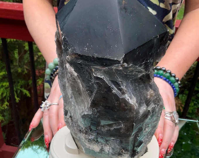 Black Morion Quartz Display Crystal 9 Lb. 5 oz.  Single-Terminated Point Cluster ~ 9" Tall ~ Natural Black Color ~ Custom Hand Carved Stand