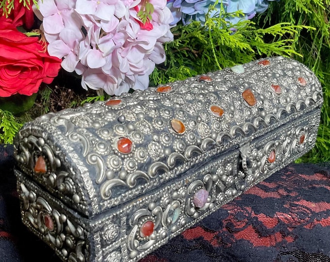 Vintage Agate Inlaid Moroccan Jewelry Box ~ Moorish Dome Top w/ Semi Precious Stones ~ 12" Long ~ Handmade in Morocco