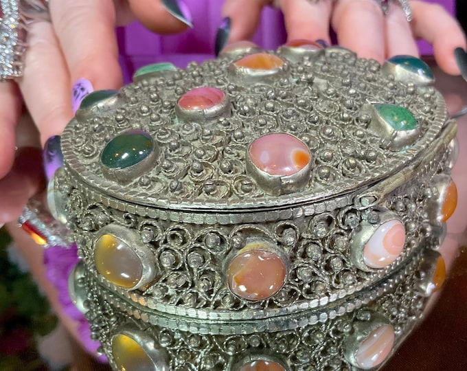 Vintage Agate Inlaid Moroccan Jewelry Box ~ 4 1/2" Long ~ Moorish Dome Top w/ Semi Precious Stones with Brass Filigree Handmade in Morocco